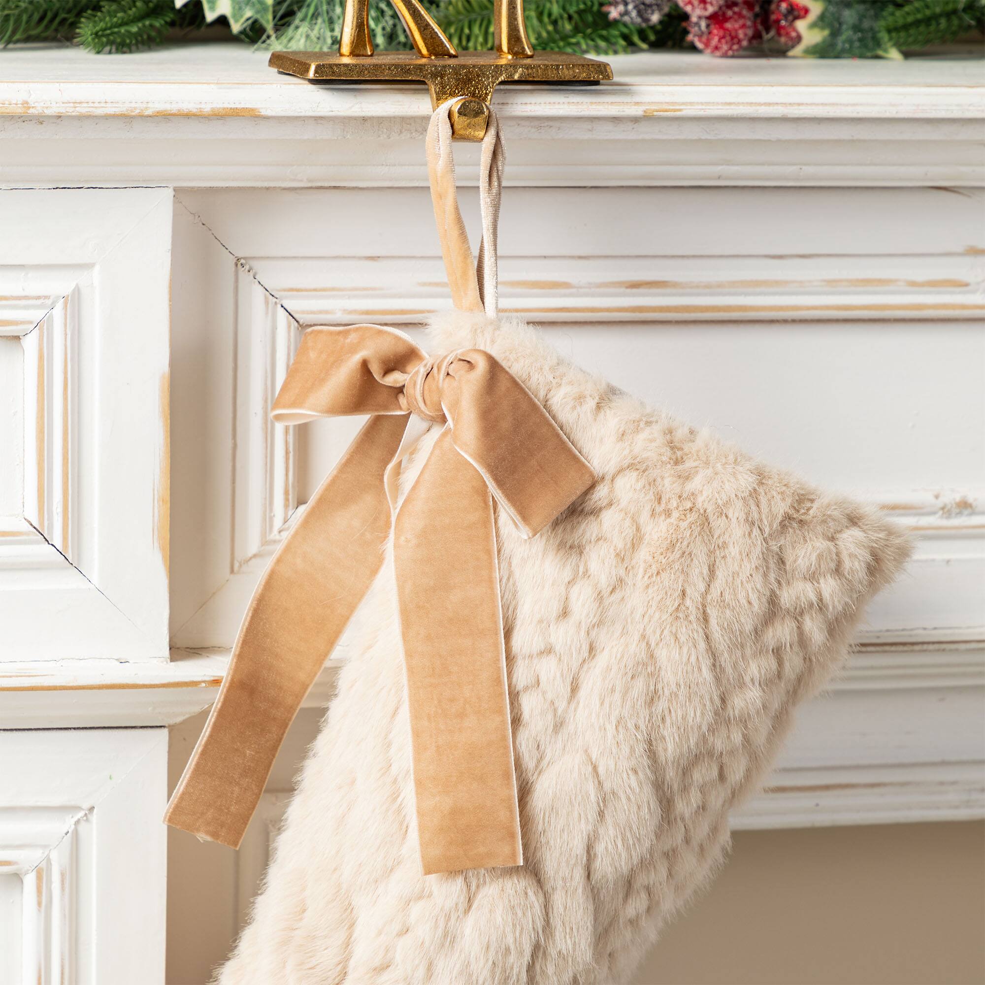 Glitzhome® 21"L Milk Coffee Twisted Faux Marten Fur Christmas Stocking with Bow